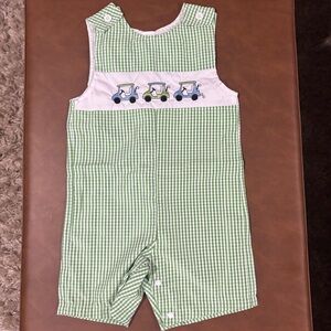 Green Gingham Baby Romper with Golf Cart Design